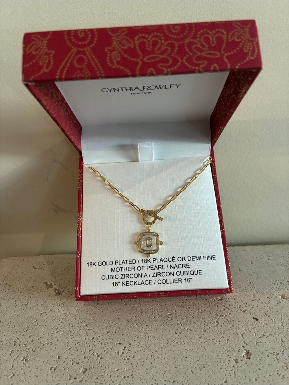 Cynthia Rowley 18k Gold-plated ‘C' Initial Pendant Necklace 16” NEW pearl